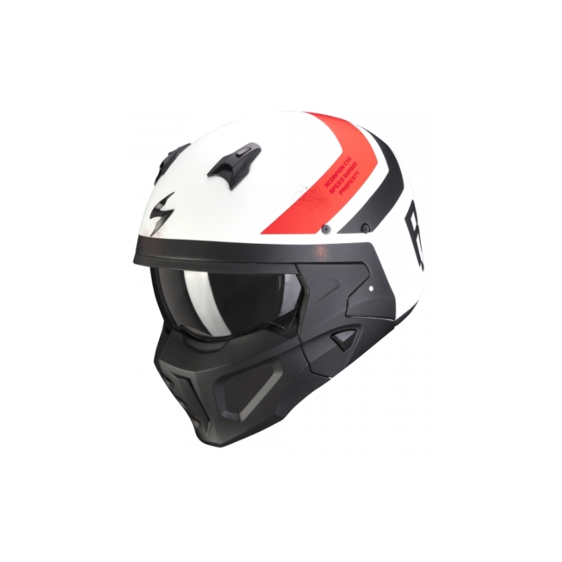 Otvorená prilba s maskou Scorpion COVERT-X T-TRUST bielo-červeno-čierna
