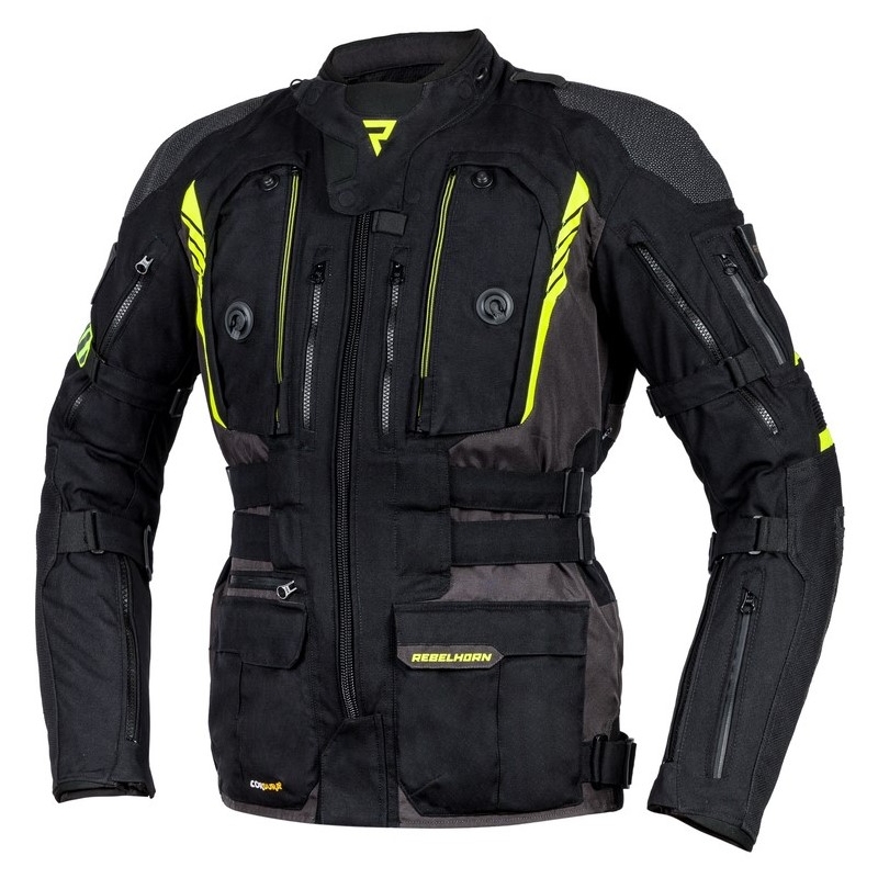 Bunda na motocykel Rebelhorn Patrol čierno-šedo-fluo žltá