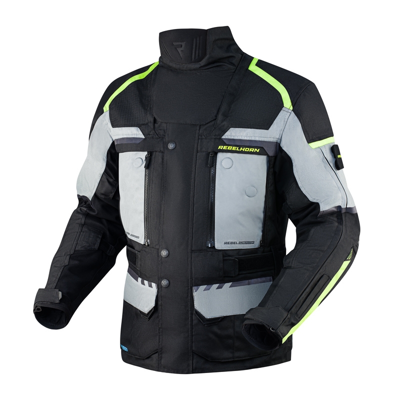 Bunda na motocykel Rebelhorn Cubby IV čierno-šedo-fluo žltá výpredaj