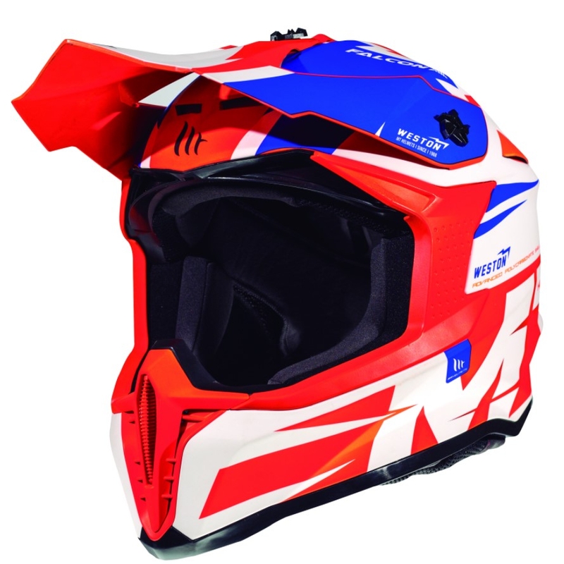 Motokrosová prilba MT Falcon Weston bielo-modrá-fluo oranžová