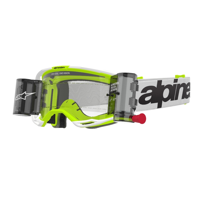 Motokrosové okuliare Alpinestars Vision 8 Wordmark ROLL-OFF Wide Vision bielo-fluo žlté s čírym zorníkom
