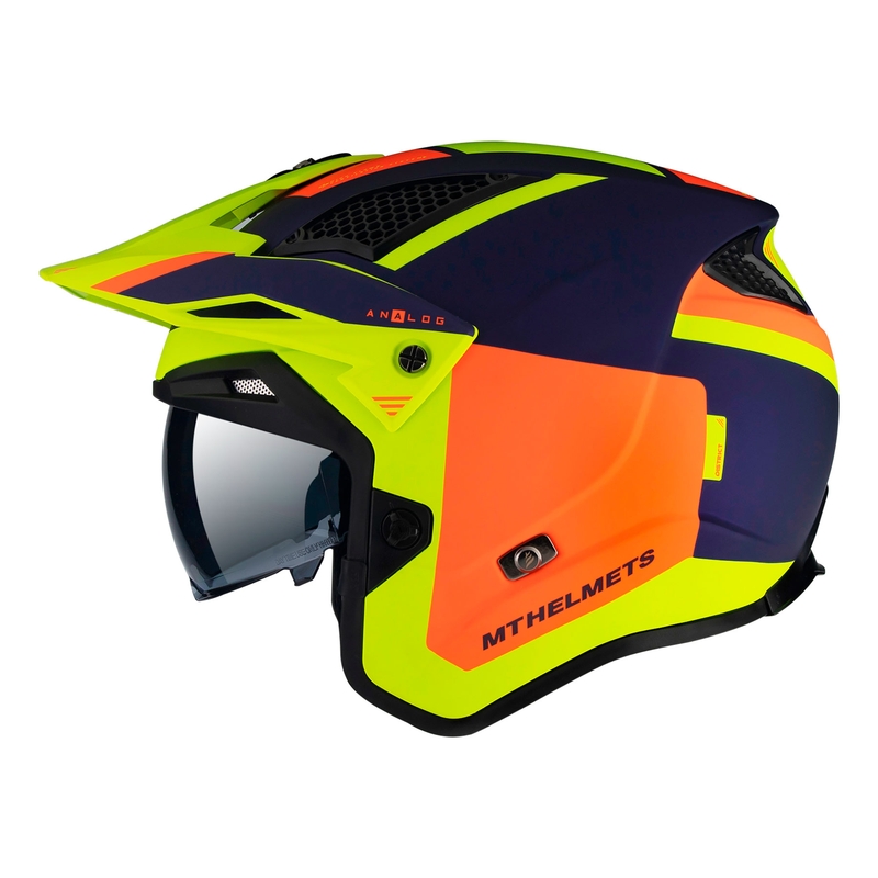 Otvorená trialová prilba na motocykel MT District SV Analog D27 modro-oranžovo-fluo žltá - II. akosť