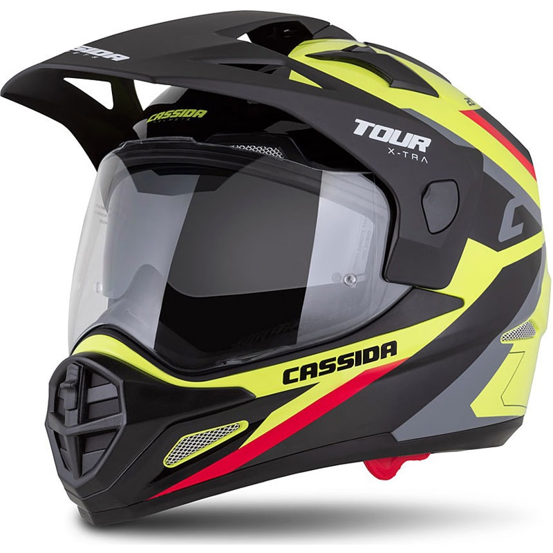 Enduro prilba Cassida Tour 2.0 X-tra fluo žlto-čierno-červeno-šedá s čiernym matným šiltom