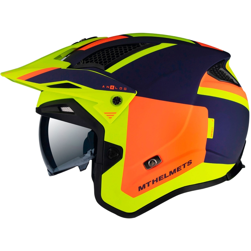 Otvorená trialová prilba na motocykel MT District SV Analog D27 modro-oranžovo-fluo žltá