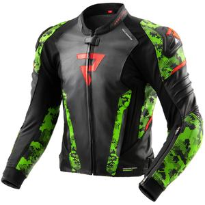 Kožená bunda na motorku Rebelhorn Veloce čierno-camo zeleno-fluo červená