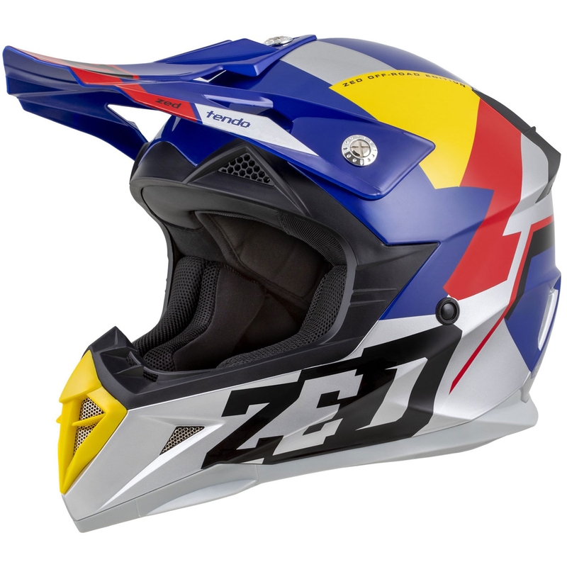 Detská motokrosová prilba ZED X1.9D TENDO perleťovo modro-červeno-žlto-strieborná