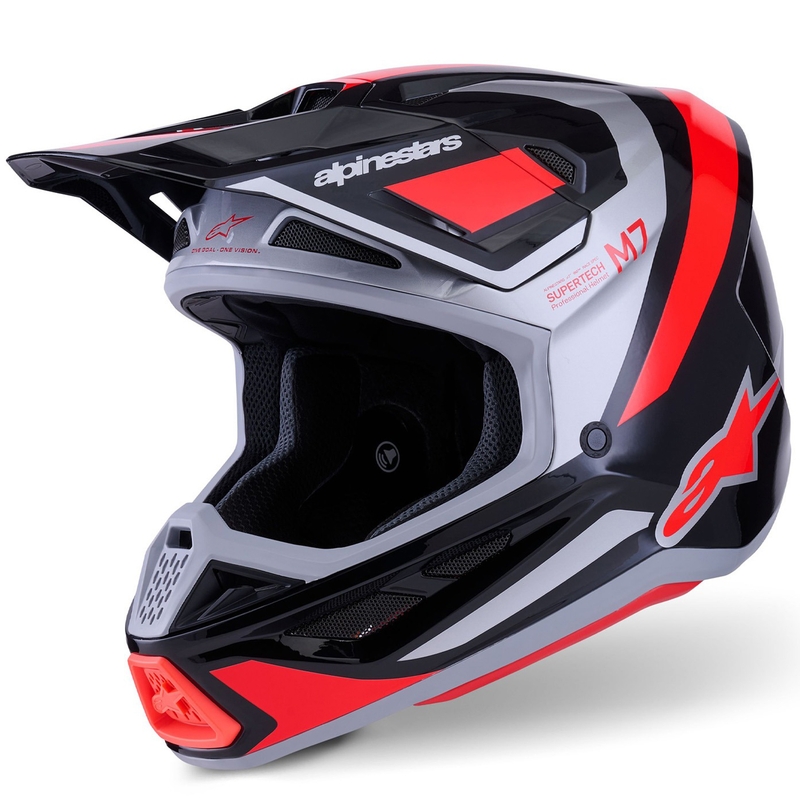 Motokrosová prilba Alpinestars SM7 Rise čierno-strieborno-fluo červená