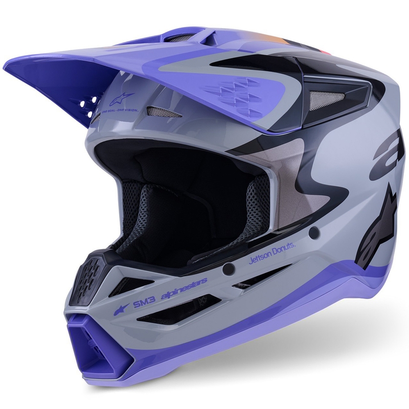 Detská motokrosová helma Alpinestars S-M3 edícia JETT LAWRENCE šedo-fialovo-čierna