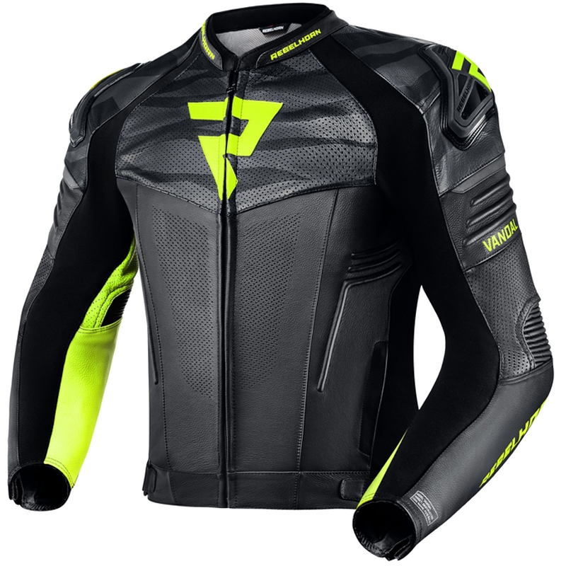 Kožená bunda na motocykel Rebelhorn Vandal čierno-fluorescenčno žltá výpredaj