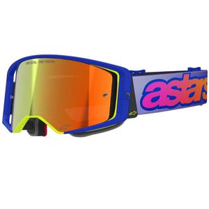 Motokrosové okuliare Alpinestars Supertech Vision Vista modro-žlto-fialové so zrkadlovým červeným zorníkom