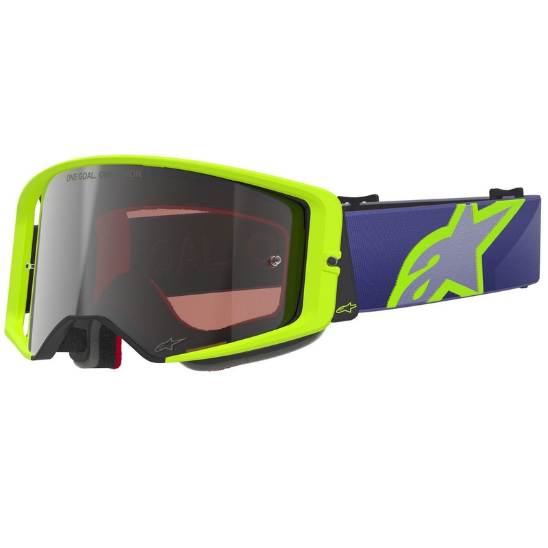 Motokrosové okuliare Alpinestars Supertech Vision Corp fialovo-žlté so zrkadlovým strieborným zorníkom