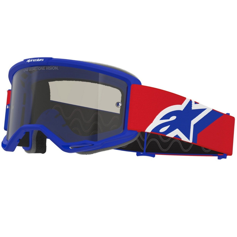 Motokrosové okuliare Alpinestars Vision Sand modro-červeno-biele s tmavo dymovým zorníkom