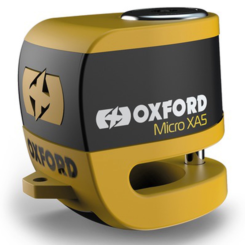 Zámok kotúčovej brzdy Oxford Micro XA5 s integrovaným alarmom žlto-čierny