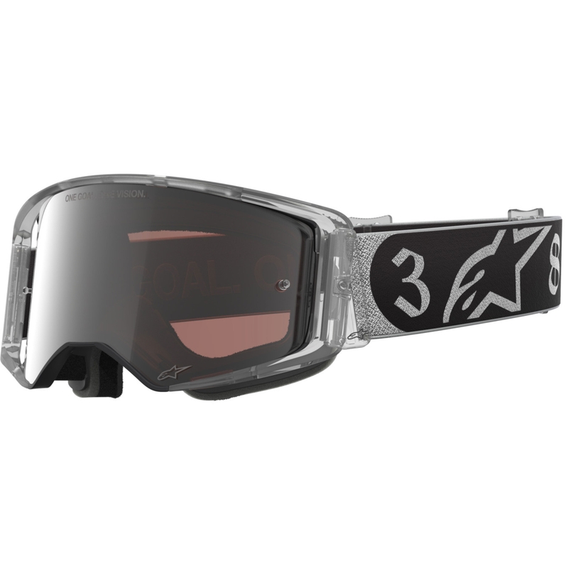 Motokrosové okuliare Alpinestars Supertech Vision DNGR38 XXV čierno-strieborné so zrkadlovo strieborným plexi