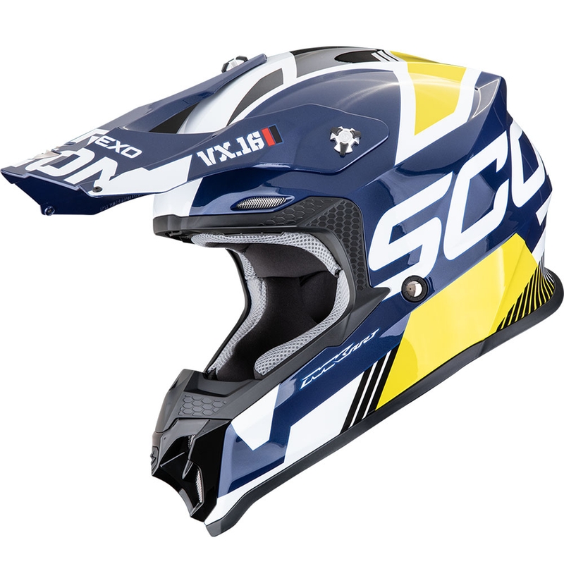 Motokrosová prilba Scorpion VX-16 EVO Air Analog bielo-modro-žltá