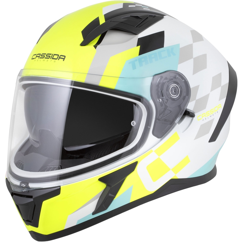 Integrálna helma na motorku Cassida Orbit Track bielo-fluo žlto-tyrkysovo-čierna