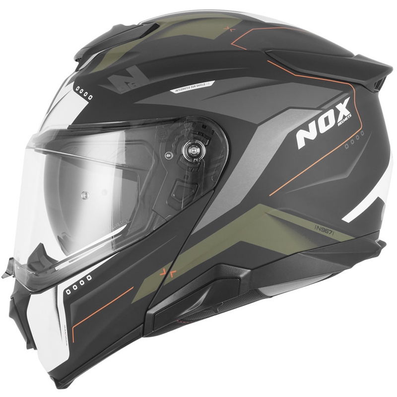 Výklopná helma na motorku NOX N967 Conquer matná čierno-khaki-oranžová