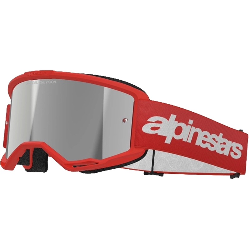 Motokrosové okuliare Alpinestars Vision 3 Wordmark červené so zradlovým strieborným plexi