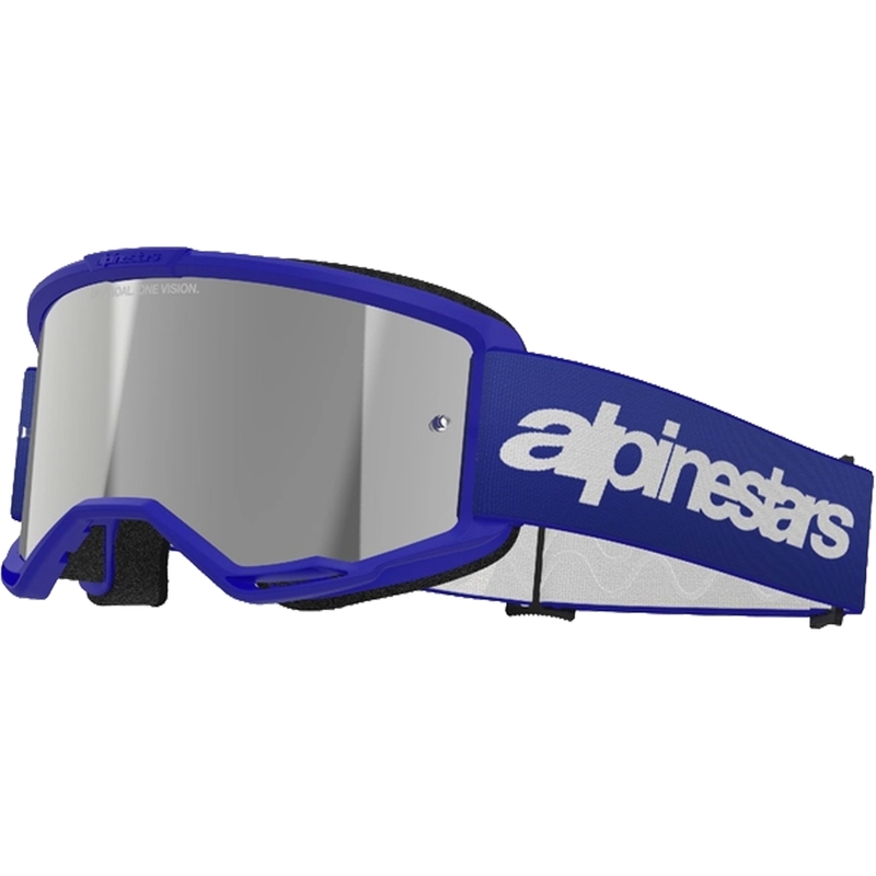 Motokrosové okuliare Alpinestars Vision 3 Wordmark modré so zrkadlovým strieborným zorníkom