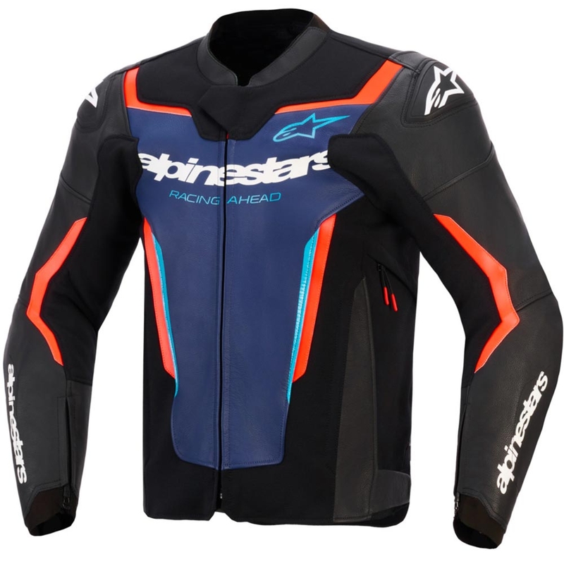 Kožená bunda na motorku Alpinestars GP Force V2 čierno-modro-fluo červená