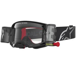 Motokrosové okuliare Alpinestars Supertech Firma čierno-strieborné s čírym plexi