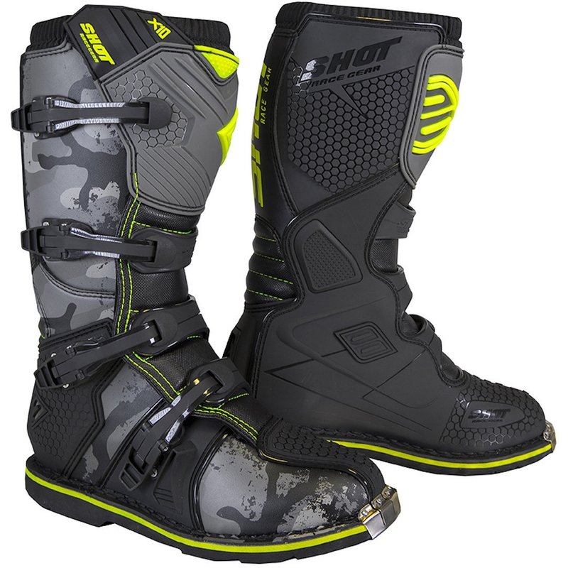 Čižmy na motocykel Shot X10 2.0 čierno-camo-fluo žlté výpredaj